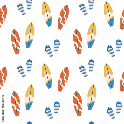 Colorful summer vacation stickers featuring surfboards and flip flops for fun design projects.