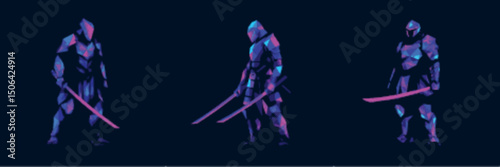 Futuristic Samurai Warrior Duo in Battle Pose with Glowing Blades in Stylized Vector Style best for cyberpunk RPG and duel scenes