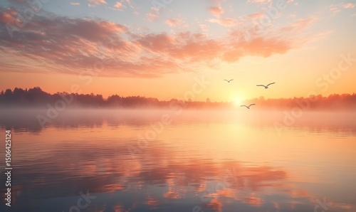 tranquil sunrise over a serene lake, with mist rising from the water and birds flying in the distance, Generative AI