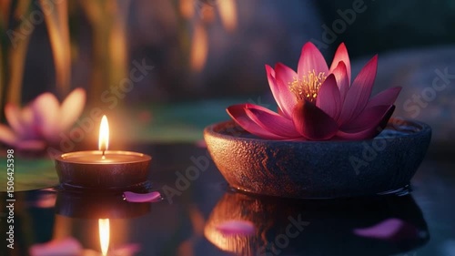 Serene Lotus and Candle: A tranquil scene of a vibrant pink lotus flower floating gracefully in a stone bowl alongside a softly glowing candle, creating an atmosphere of peace, beauty.
