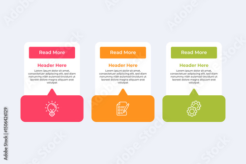 It shows three colored speech bubbles with icons and text.