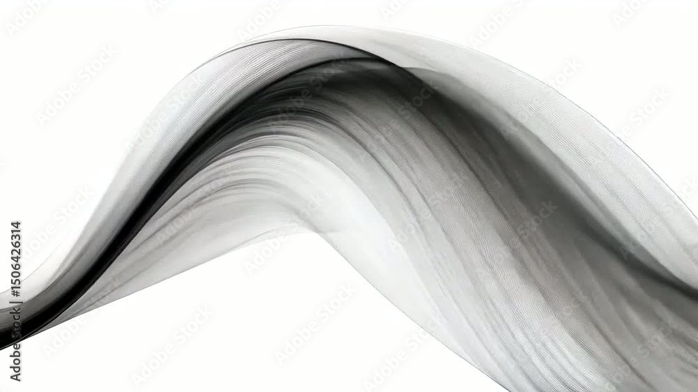 Abstract, wavy, semi-transparent grayscale forms gently overlap against a crisp, clean white background, creating a flowing visual