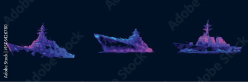 Futuristic Battleship Vector Set with Neon Highlights in Polygonal Style ideal for sci-fi strategy games and tech warfare UI