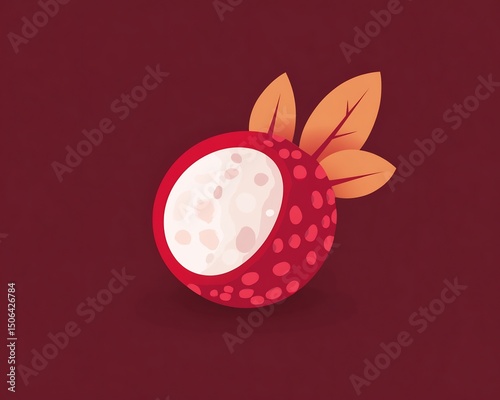 A cut lychee fruit invites refreshing taste in a minimalist food illustration against a dark red