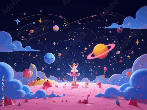 surreal outer space scene, whimsical starry night sky with constellation lines and colorful stars, dreamy blue clouds, Saturn-like planets in blue and yellow