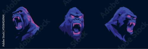 Gorilla Mascot Head Logo Set with Roaring Expressions in Dynamic Vector Style perfect for aggressive team logos and primal energy branding