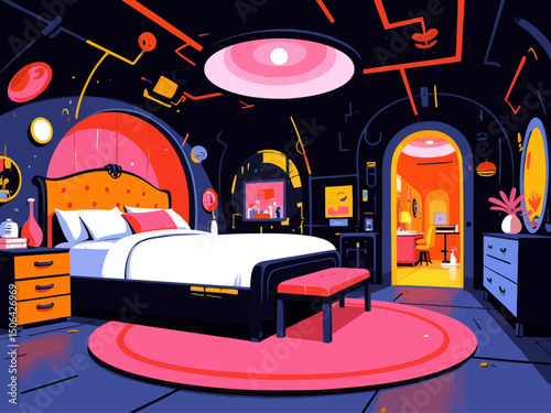 a futuristic bunker bedroom with a king size bed and dresser very industrial-looking