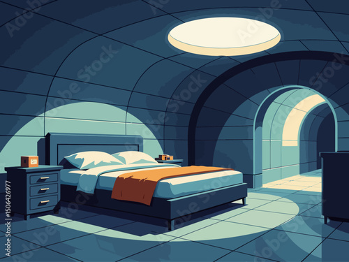 a futuristic bunker bedroom with a king size bed and dresser very industrial-looking