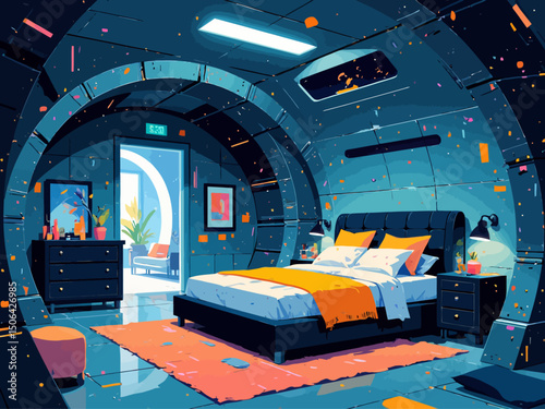 a futuristic bunker bedroom with a king size bed and dresser very industrial-looking