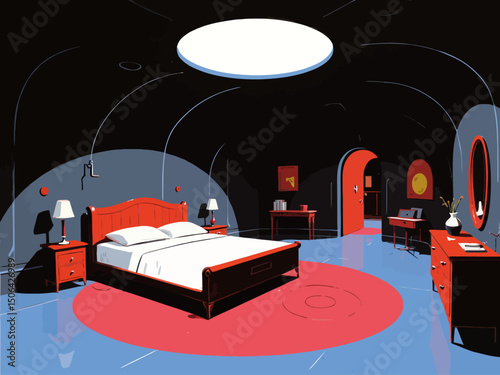 a futuristic bunker bedroom with a king size bed and dresser very industrial-looking