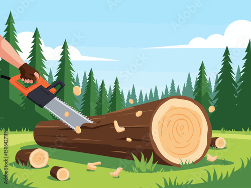 a log lies on green grass, in the background is a forest and a blue sky without clouds, a man's hand in a glove holds a small electric saw and saws a log