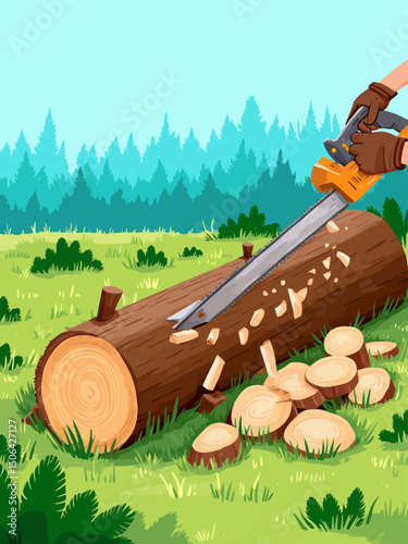 a log lies on green grass, in the background is a forest and a blue sky without clouds, a man's hand in a glove holds a small electric saw and saws a log