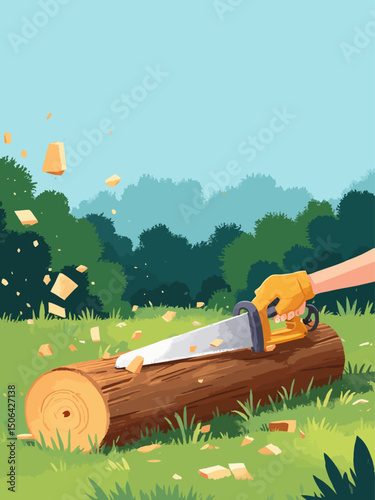 a log lies on green grass, in the background is a forest and a blue sky without clouds, a man's hand in a glove holds a small electric saw and saws a log
