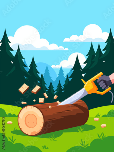 a log lies on green grass, in the background is a forest and a blue sky without clouds, a man's hand in a glove holds a small electric saw and saws a log