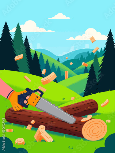 a log lies on green grass, in the background is a forest and a blue sky without clouds, a man's hand in a glove holds a small electric saw and saws a log