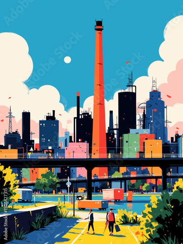 an industrial boom in a midwestern city 1960s, animated style