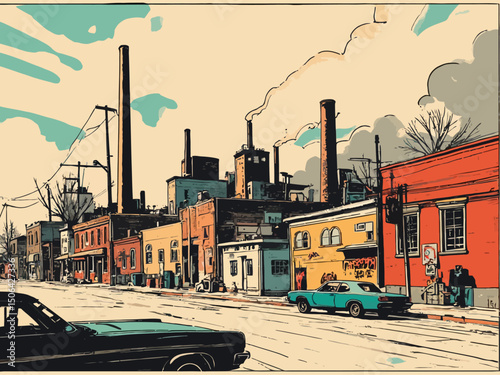 an industrial boom in a midwestern city 1960s, animated style