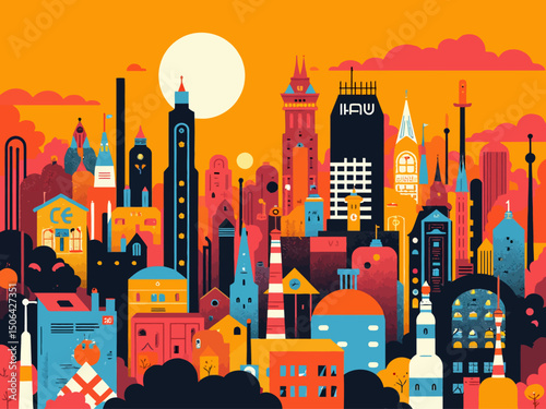 an industrial boom in a midwestern city 1960s, animated style