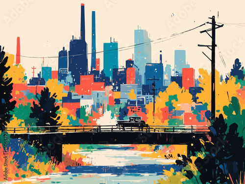 an industrial boom in a midwestern city 1960s, animated style