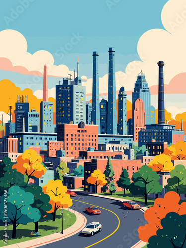 an industrial boom in a midwestern city 1960s, animated style