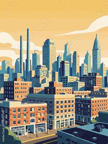 an industrial boom in a midwestern city 1960s, animated style
