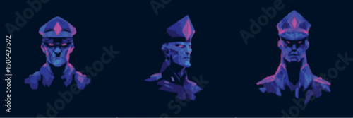 Futuristic Commander Portrait Set with Uniforms in Neon Vector Style perfect for sci-fi strategy games and leadership role avatars