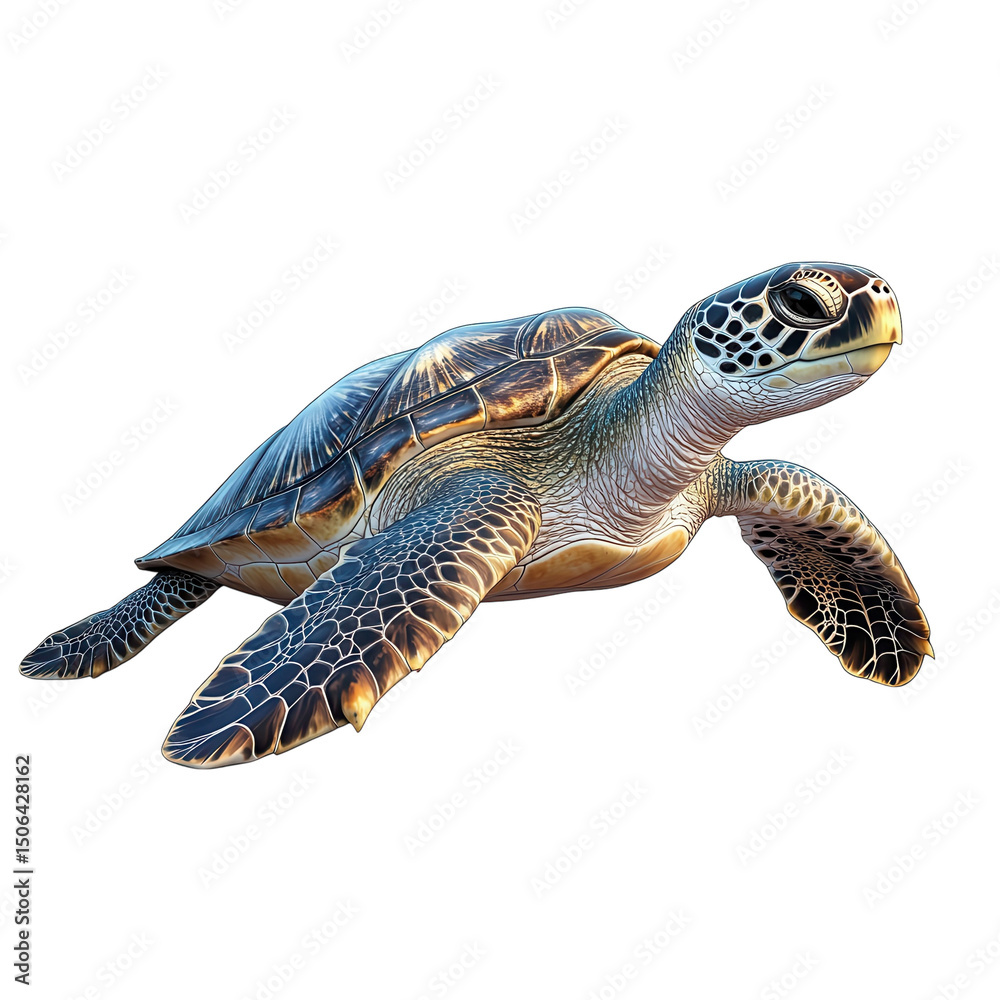 Fototapeta premium Majestic sea turtle gracefully gliding through the dark ocean depths in on transparent background