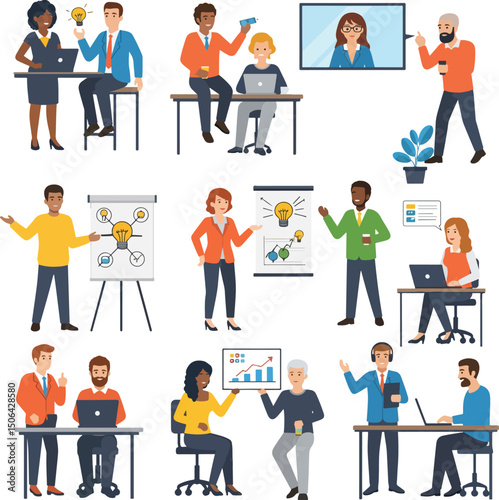 Design a pack of illustrated people (diverse characters) working together discussing ideas, presenting on a whiteboard, video calling, brainstorming,.eps