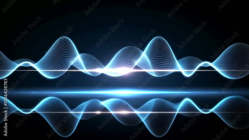 Two luminous waves form an abstract, technological display, gleaming blue, with bright points, against a dark, seamless background