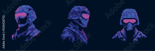 Helmeted Soldier Portrait Set with Neon Visors in Tech Vector Style best for special ops illustrations and combat character icons