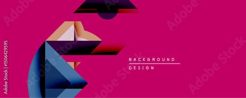 Abstract geometric composition. Overlapping shapes create dynamic visual effect. Pink background emphasizes contrasting blue, gold, dark tones. Modern design element.