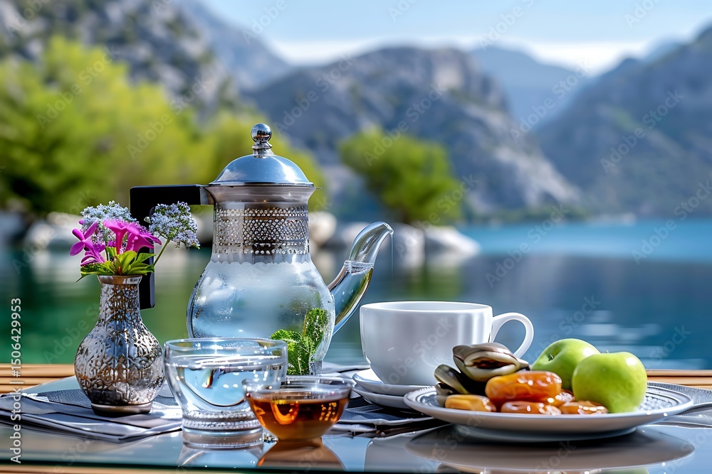 Obraz premium Refreshing Tea Time Overlooking Mountain Lake