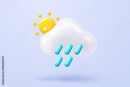 3D sun on cloud icon with rainy weather and storm. weather forecast, summer spring hot on weather forecast in summer, spring blue sky, fluffy cumulus shapes. 3d cloud vector icon render illustration