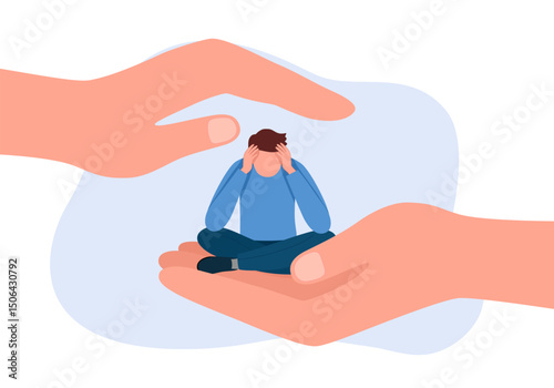 Helping hand and depression help concept. Huge human hand holding tiny sitting depressed unhappy sad man vector illustration.