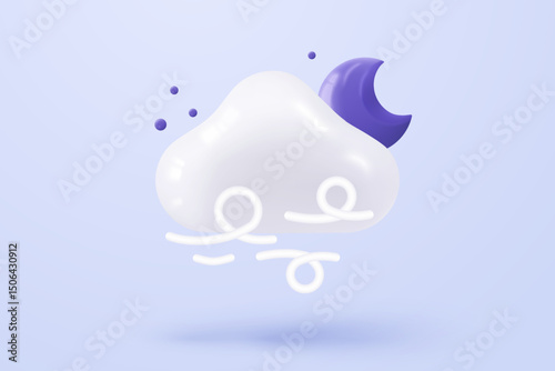 3d moon or crescent with windy rainy night. Luna element is fluffy cumulus shapes. Glossy crescent with stars on weather forecast. 3d windy on cloud  in moon icon vector render illustration