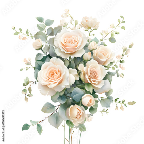 Watercolor painting of an elegant peach roses bouquet with soft greenery isolated on transparent background