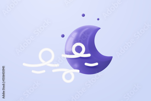 3d moon or crescent with windy rainy night. Luna element is fluffy cumulus shapes. Glossy crescent with stars on weather forecast. 3d windy on moon for sleep dream icon vector render illustration