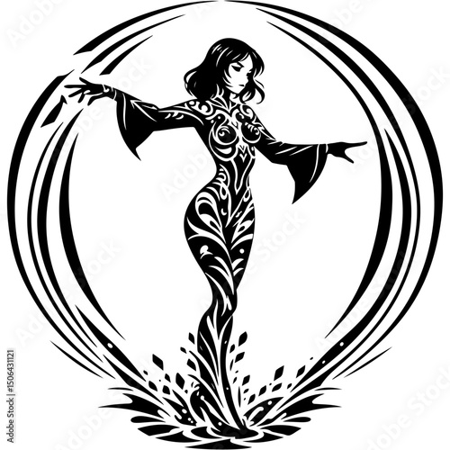 Sketchy emblem of charming sorceress controlling water elements in monochrome. Engraving minimalistic vector in black ink drawing on transparent background