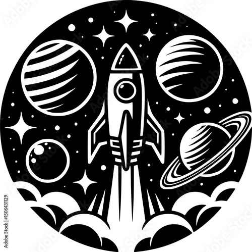 Sketchy cosmic emblem of rocket taking off against the backdrop of outer space planet in monochrome. Engraving minimalistic vector in black ink drawing on transparent background