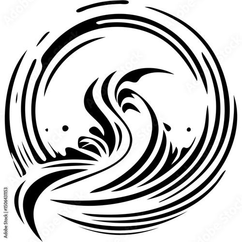 Sport emblem of abstract swirling sand swirl in ring frame in monochrome. Engraving minimalistic vector in black ink drawing on transparent background