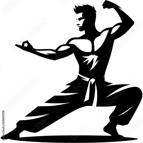 Sport silhouette of martial arts master in monochrome. Engraving minimalistic vector in black ink drawing on transparent background