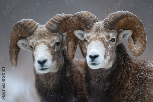 two rams standing in the snow with their horns up