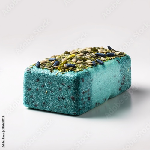 3D bird food with spirulina and chia seeds, providing energy, isolated on white.