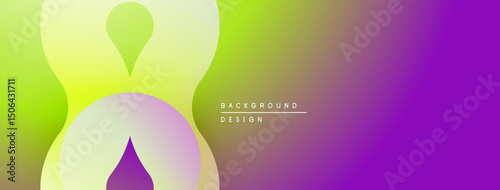 Abstract gradient background. Overlapping shapes create dynamic visual effect. Colors transition from yellow to purple. Modern design element.