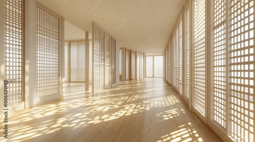 Obraz premium Light-filled, minimalist interior passageway with wooden partitions.