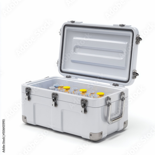 Cold storage box with vaccine vials for clinical trial in laboratory setting ensuring cancer research safety