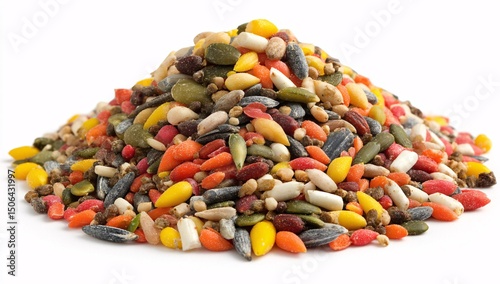 3D bird seed mix in vibrant colors for wild birds, isolated on a white background.
