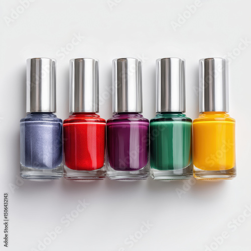 Nail polish bottles in vibrant colors arranged in row creating colorful palette for nail technician creative work