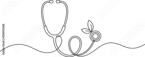 Stethoscope and Leaf Line Art Eco Healthcare Illustration.