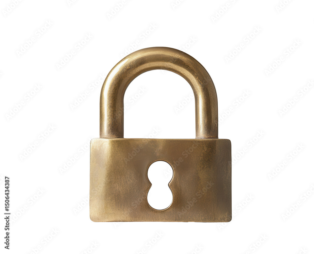 Naklejka premium A weathered brass padlock, slightly tarnished, shows a keyhole and sturdy, curved shackle
